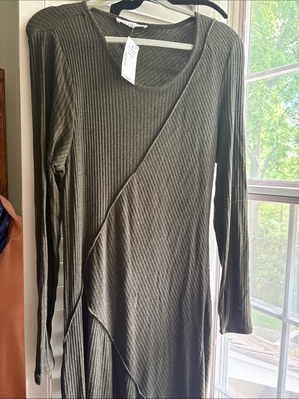 cleo Olive Ribbed Asymmetric Maxi dress with long sleeves.